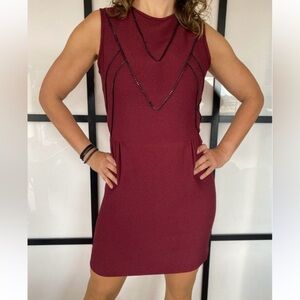 Sandro Burgundy Red Sleeveless Fit and Flare Dress with Chain Trim Sz S